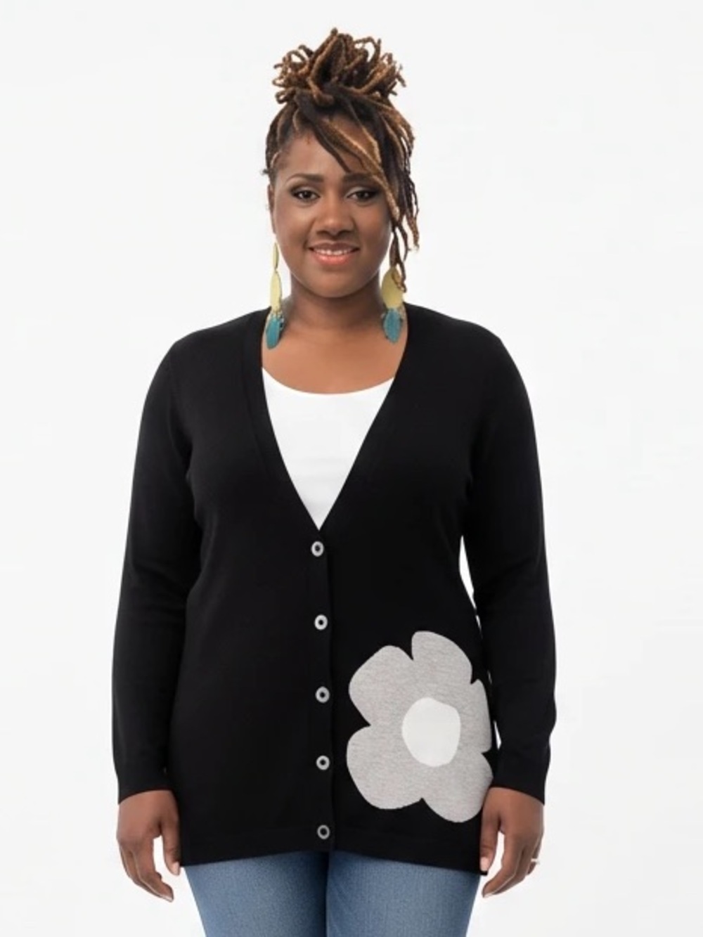 Laurie Felt Black Button-Front Cardigan with White Flower Accent